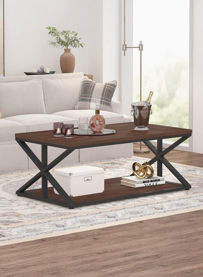 Mobellya Modern X-Frame Coffee Table with Storage Shelf - Image 1